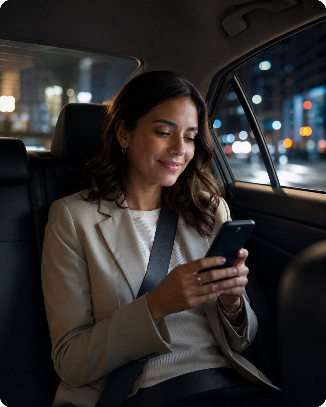 Passageira utilizando o celular com tranquilidade no banco traseiro de um veículo.